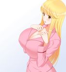  akimoto_katherine_reiko bad_id bad_pixiv_id blonde_hair blush breast_suppress breasts cleavage collarbone commentary_request formal huge_breasts kochikame kwsk long_hair long_sleeves office_lady parted_lips pencil_skirt pink_skirt pink_suit sidelocks skirt skirt_set skirt_suit solo suit upper_body yellow_eyes 