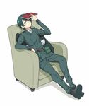  androgynous belt book chair expressionless green_eyes green_hair highres kino kino_no_tabi luo. pillow reverse_trap sitting solo 