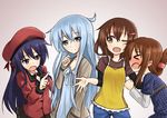  &gt;_&lt; akatsuki_(kantai_collection) alternate_costume aqua_eyes aqua_hair beret black_skirt blush brown_eyes brown_hair camisole camisole_over_clothes casual closed_eyes coat denim denim_shorts dress fang folded_ponytail hair_ornament hairclip hat hibiki_(kantai_collection) ikazuchi_(kantai_collection) inazuma_(kantai_collection) kantai_collection long_hair looking_at_viewer multiple_girls one_eye_closed open_mouth pleated_skirt purple_eyes purple_hair short_hair shorts silent_sakia skirt smile 