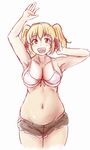  arm_up armpits bikini_top blonde_hair blush breasts cleavage cutoffs front-tie_top headphones huge_breasts looking_at_viewer navel nitroplus open_mouth orange_eyes plump shigekikkusu short_hair short_shorts shorts smile solo super_pochaco swimsuit twintails undersized_clothes white_swimsuit 