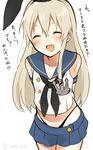  bad_id bad_twitter_id blonde_hair chisumi closed_eyes collarbone detached_sleeves highres kantai_collection long_hair looking_at_viewer midriff navel open_mouth shimakaze_(kantai_collection) simple_background skirt solo translated twitter_username white_background 