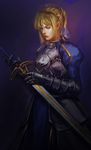  ahoge armor armored_dress artoria_pendragon_(all) blonde_hair caliburn cokey dress excalibur fate/stay_night fate_(series) gauntlets realistic saber solo sword weapon 