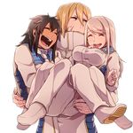  2girls adolf_reinhardt bad_id bad_pixiv_id black_hair blonde_hair carrying dark_skin eva_frost isabella_r._leon long_hair maguro_(ma-glo) multiple_girls scar silver_hair smile terra_formars uniform 