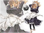  aburidashi_zakuro apron arms_up blonde_hair breasts dress frills huge_breasts impossible_clothes impossible_dress maid maid_headdress open_mouth pantyhose smile solo_focus spike_ball wallpaper weapon zoom_layer 
