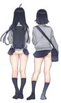  ahoge arutera ass backpack bag banned_artist black_legwear long_hair looking_away miniskirt multiple_girls panties pantyshot pantyshot_(standing) school_bag school_uniform short_hair simple_background skirt socks standing underwear white_background white_panties 