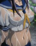  1girl blue_eyes breasts ikkitousen kan&#039;u_unchou kan'u_unchou large_breasts long_hair nipples purple_hair sitting solo stitched transparent water wet 