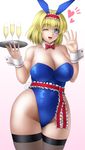 alice_margatroid animal_ears blonde_hair blue_eyes bow bowtie breasts bunny_ears bunny_tail bunnysuit cleavage curvy detached_collar hairband highres huge_breasts one_eye_closed ototarou sash short_hair solo tail thighhighs touhou wide_hips wrist_cuffs 