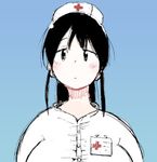  black_eyes black_hair blue_background breasts gradient gradient_background hade_na_kangofu hat large_breasts lowres name_tag nurse nurse_cap solo upper_body 