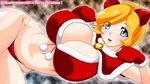  1girl animal_ears blonde_hair blue_eyes bra brabustersystem breasts cat_ears christmas curvy female gloves hair_ornament highres huge_breasts lying magutan navel on_side original panties red_gloves red_panties shiny shiny_skin solo underwear 