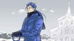  blue_hair breath church coat earrings fate/stay_night fate_(series) gloves jewelry kon_manatsu lancer long_hair male_focus ponytail red_eyes shovel solo winter_clothes 
