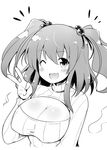  ;d breasts cleavage cleavage_cutout greyscale hair_bobbles hair_ornament kiku_hitomoji large_breasts looking_at_viewer meme_attire monochrome one_eye_closed onozuka_komachi open-chest_sweater open_mouth smile solo sweater touhou two_side_up v 