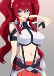  arm_ribbon arm_up blue_eyes breasts cross_ange finger_to_mouth highres hilda_(cross_ange) large_breasts long_hair looking_at_viewer mattari_yufi midriff navel red_hair ribbon shirt skirt solo tongue tongue_out twintails very_long_hair 