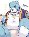  2018 anthro belly blue_fur bulge clothing fur hi_res lveink male mammal moobs navel nipples overweight overweight_male red_eyes robe simple_background sitting solo underwear ursine white_background 
