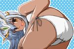  5ugar :d andromeda_(p&amp;d) ass bent_over bikini blue_background blue_hair blush dark_skin flat_ass from_behind hand_on_thigh headpiece long_hair looking_at_viewer looking_back open_mouth orange_eyes outline puzzle_&amp;_dragons side-tie_bikini smile solo swimsuit white_bikini 