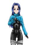  artist_request blue_hair bodysuit idolmaster latex latex_suit long_hair miura_azusa red_eyes shiny shiny_clothes skin_tight smile turtleneck zipper 