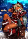  animal_ears belt blonde_hair breasts chimney christmas dark_skin fingerless_gloves gloves green_eyes hat jintetsu large_breasts original panties pantyshot sack santa_costume sitting snowing solo underwear 