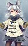  animal_ears bad_id bad_pixiv_id blush coat grey_hair highres jewelry konata_gazel mittens mouse_ears mouse_tail nazrin pantyhose pendant red_eyes scarf short_hair smile solo tail touhou 