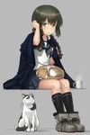  adjusting_hair anchor_symbol black_eyes black_hair black_legwear blouse blue_skirt braid cat cup grey_background hair_ribbon hayashi_naoharu isonami_(kantai_collection) jacket_on_shoulders kantai_collection kneehighs looking_at_viewer mug neckerchief on_lap open_mouth pleated_skirt ribbon sailor_collar school_uniform serafuku simple_background sitting skirt twin_braids winter_clothes 