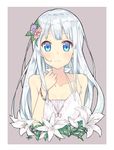  bad_id bad_twitter_id bare_shoulders blue_eyes border collarbone flower hair_flower hair_ornament lily_(flower) long_hair looking_at_viewer silver_hair smile solo tunamayochan upper_body very_long_hair watch 