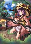  boots bowl bug crescent day dragonfly flower fuente grasshopper hat highres holding_needle insect japanese_clothes kimono leaf mallet maple_leaf minigirl moth mushroom needle obi pine_tree purple_eyes purple_hair sash short_hair sky solo spider sukuna_shinmyoumaru touhou tree 