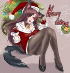  alternate_costume animal_ears bell blush breasts brown_hair choker christmas christmas_tree cleavage dress fangs fingerless_gloves fingernails full_body gloves hat high_heels imaizumi_kagerou jewelry large_breasts legs long_fingernails long_hair long_sleeves looking_at_viewer merry_christmas nail_polish open_mouth panties pantyhose panzer pom_pom_(clothes) red_dress red_eyes red_gloves santa_costume santa_hat see-through short_dress simple_background sitting smile solo tail text_focus touhou underwear wolf_ears wolf_tail 