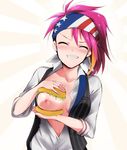  ^_^ american_flag bandana breasts closed_eyes flag_print food grin hamburger idolmaster idolmaster_million_live! kaiga maihama_ayumu medium_breasts multicolored_hair nipples pink_hair ponytail simple_background smile solo white_background 