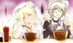  1girl bad_id bad_nicoseiga_id blush bowl chopsticks closed_eyes eating glass glasses hat heart karakure_(kamo-nanban) morichika_rinnosuke multiple_tails open_mouth silver_hair tail touhou translated yakumo_ran yellow_eyes 