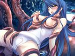  blue_hair blush breast_grab breasts brown_eyes earrings grabbing headband jewelry large_breasts nipples octopus one-piece_swimsuit one_eye_closed open_mouth restrained slit_pupils solo spread_legs suction_cups swimsuit tentacles topless 