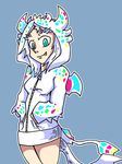  alternate_costume animal_hood aqua_eyes blue_background bottomless commentary dark_souls dragon_girl dragon_horns dragon_tail fang hands_in_pockets hood hoodie horns long_hair long_sleeves outline priscilla_the_crossbreed setz simple_background smile souls_(from_software) tail white_hair zipper 