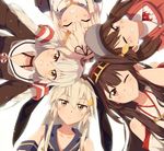  :&lt; ^_^ amatsukaze_(kantai_collection) bare_shoulders black_serafuku blonde_hair brown_eyes choker circle_formation closed_eyes detached_sleeves double_bun dress grin hair_ornament hair_tubes hairband hairclip headgear japanese_clothes kantai_collection kariginu kongou_(kantai_collection) long_hair multiple_girls neckerchief nontraditional_miko one_eye_closed remodel_(kantai_collection) ryuujou_(kantai_collection) sailor_collar sailor_dress school_uniform serafuku shimakaze_(kantai_collection) silver_hair smile tomato_(lsj44867) twintails two_side_up visor_cap yuudachi_(kantai_collection) 