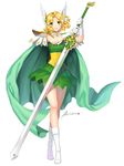  blonde_hair boots briska cape full_body gloves green_eyes head_wings hououji_fuu magic_knight_rayearth short_hair simple_background skirt smile solo standing sword weapon white_background white_footwear white_gloves 