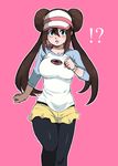  1girl bad_id bad_pixiv_id banned_artist blue_eyes breasts brown_hair double_bun highres large_breasts long_hair mei_(pokemon) niku_(dance-siva) pantyhose pink_background pokemon pokemon_(game) pokemon_bw2 raglan_sleeves running shorts solo twintails visor_cap watch wristwatch 