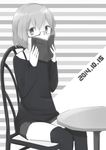 1girl alternate_costume artist_name bespectacled book bra chair covering_mouth dated glasses greyscale highres long_sleeves miniskirt monochrome over-kneehighs sanya_v_litvyak seedflare semi-rimless_glasses short_hair sitting skirt solo strike_witches striped striped_background sweater table thighhighs under-rim_glasses underwear 