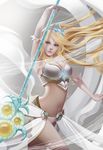  blonde_hair blue_eyes breasts bustier cleavage elbow_gloves gloves highres janna_windforce jeny_wang large_breasts league_of_legends long_hair magic midriff navel staff tiara very_long_hair wind 