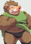  2019 anthro belly blush boar brown_fur clothing dragon_quest fur humanoid_hands male mammal navel orc_(dragon_quest) overweight overweight_male porcine robe shirosaru simple_background solo square_enix tusks underwear video_games 