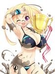  1girl bikini blonde_hair blush breasts huge_breasts looking_at_viewer mud one_eye_closed open_mouth purple_eyes shuz_(dodidu) simple_background strap_gap swimsuit trophy 