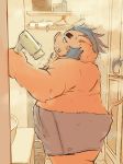 2019 anthro belly boar brown_fur butt fur gouryou hamuga86 hi_res humanoid_hands male mammal overweight overweight_male porcine solo tokyo_afterschool_summoners towel video_games 