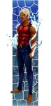  1boy aqua_lad barefoot blonde_hair dark_skin dc_comics hairlocs kaldur&#039;ahm kaldur'ahm male male_focus shida sleeveless solo tattoo young_justice:_invasion 