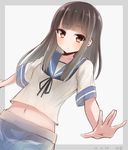  \||/ akky_(akimi1127) bangs black_neckwear blue_sailor_collar blue_skirt blunt_bangs blush border breasts brown_eyes brown_hair collarbone commentary_request dated dutch_angle expressionless grey_border hatsuyuki_(kantai_collection) highres hime_cut hip_bones kantai_collection long_hair looking_at_viewer miniskirt navel neckerchief outside_border outstretched_arms outstretched_hand pleated_skirt sailor_collar school_uniform shirt short_sleeves sidelocks signature silver_background simple_background skirt sleeve_cuffs small_breasts solo stomach tsurime white_shirt 