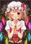 ;) alza ascot blonde_hair blush bow brooch closed_mouth dress flandre_scarlet frame glowing glowing_wings hat hat_bow jewelry looking_at_viewer mob_cap one_eye_closed puffy_short_sleeves puffy_sleeves red_dress red_eyes shirt short_sleeves side_ponytail smile solo touhou upper_body wings wrist_cuffs 