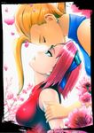  2girls bangs bare_shoulders blonde_hair blue_eyes blue_shirt breasts earrings ecchi-mia eyes_closed female floral_background flower forehead_kiss halter_top halterneck haruno_sakura headband headdress jewelry kiss long_hair looking_at_another looking_up multiple_girls naruto parted_lips petals photoshop pink_hair profile sakura shiny shiny_clothes shiny_hair shirt short_hair sleeveless sleeveless_shirt turtleneck yamanaka_ino yuri 