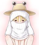  =_= blonde_hair bottomless cleavage_cutout closed_eyes hat long_sleeves meme_attire mofu_mofu moriya_suwako naked_sweater navel open-chest_sweater out-of-frame_censoring ribbed_sweater solo spread_legs squatting sweater touhou v_arms wardrobe_error you're_doing_it_wrong 