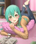  :d alternate_costume barefoot blush casual cat denim error_musume feet_up green_eyes green_hair hair_ornament hairclip hat highres kantai_collection long_hair looking_at_viewer lying manga_(object) max_melon md5_mismatch minigirl on_stomach open_mouth pants pillow pillow_hug ribbed_sweater sailor_hat sleeves_past_wrists smile solo suzuya_(kantai_collection) sweater turtleneck 