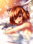  animal_ears bathing brown_eyes brown_hair cat_ears cat_tail chen ear_piercing fang highres horokusa_(korai) jewelry multiple_tails nekomata nude onsen open_mouth piercing single_earring smile snowing solo tail touhou water 