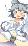  animal_ears bad_id bad_pixiv_id blush grey_hair highres konata_gazel mouse_ears mouse_tail nazrin one_eye_closed open_mouth panties red_eyes short_hair sleepy solo tail touhou underwear waking_up 