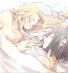  1girl black_hair blonde_hair closed_eyes dai_(mebae16) holding_hands iori_shirou kill_la_kill kiryuuin_satsuki long_hair lying on_side short_hair sleeping 