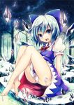  blue_eyes blue_hair bow cirno dress forest hair_bow ice ice_wings kaio_(watagami) nature open_mouth panties pantyshot pantyshot_(sitting) ribbon short_hair sitting smile snow solo touhou tree underwear wings winter 