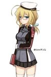  blonde_hair blue_eyes book breasts cosplay glasses gloves hat highres i-8_(kantai_collection) iron_cross kantai_collection large_breasts long_sleeves looking_at_viewer microskirt military military_uniform peaked_cap prinz_eugen_(kantai_collection) prinz_eugen_(kantai_collection)_(cosplay) rabochicken simple_background skirt smile solo thighhighs twitter_username uniform white_background white_gloves 