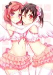  angel angel_wings bangs black_hair blush bow elbow_gloves frilled_skirt frills gloves hair_bow highres hug lace lace-trimmed_thighhighs looking_at_viewer love_live! love_live!_school_idol_project multiple_girls navel nishikino_maki one_eye_closed purple_eyes red_eyes red_hair ribbon short_hair skirt sleeveless smile standing stomach thighhighs twintails white_legwear wings yazawa_nico yuuyu zettai_ryouiki 
