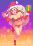  ankle_boots bandeau bikini boots breasts brown_hair christmas cleavage elbow_gloves fukusuke_hachi-gou fur_boots gloves hat highres long_hair looking_at_viewer medium_breasts navel open_mouth original purple_eyes red_footwear red_gloves sack santa_boots santa_hat solo strapless swimsuit tubetop 